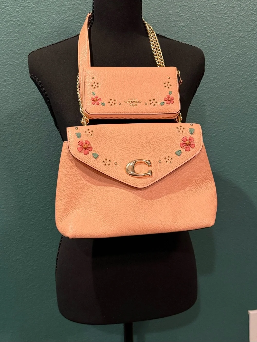 Coach Peach Pink Floral Pebbled Leather Shoulder Bag with Chain Strap